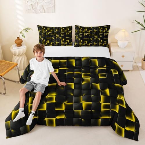 Erosebridal Geometric Checkered Comforter Full Size Neon Black Gold Comforter Set for Kids Teen Men Gaming Room Decor,Abstract Ombre Plaid Bedding Set Grids Quilt Duvet