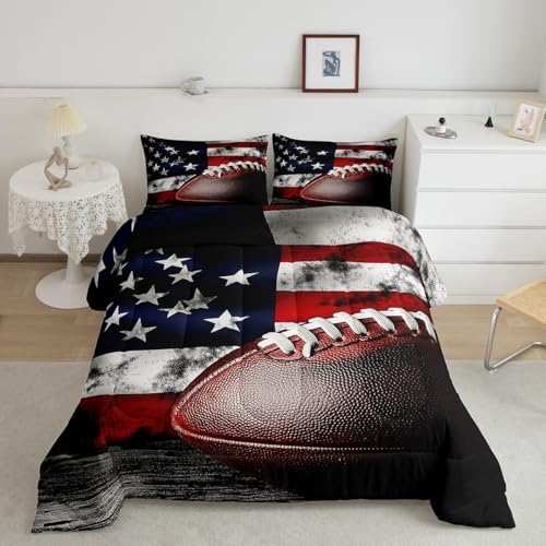 Castle Fairy American Ball Games Bedding Set Full Size Vintage USA Flag Print Comforter for Child Teens Boys Rugby Football Down Comforter Bedroom Decor Modern Sports Duvet Insert with 2 Pillowcases