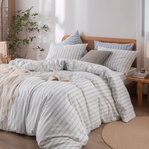 BESTOUCH Striped Cotton Duvet Cover Set Linen Feel Super King