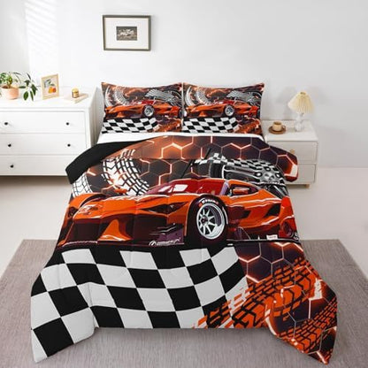 Toddler Race Car Bed for Boys,Orange Neon Lights Honeycomb Bedding Set Cool Sports Car Glitter Beehive Geometric Hexagon Comforter Set King,Black White Grid Lattice Quilt Buffalo Plaid Decor