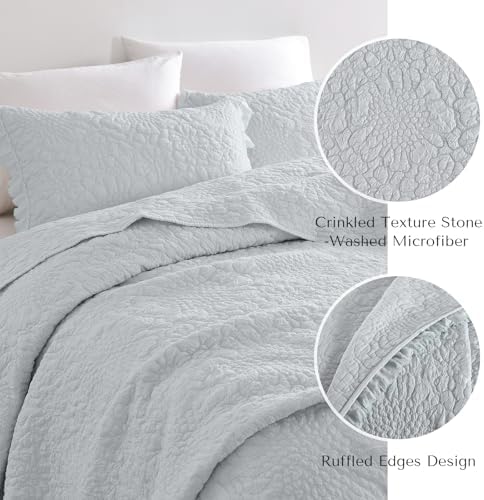 Light Blue Ruffled Quilt Queen Size, Stone-Washed Microfiber Lightweight Crinkled Farmhouse Rustic Shabby Chic Bedding Set, 3 Pieces Reversible Bedspread Coverlet with Pillow Shams for All Season