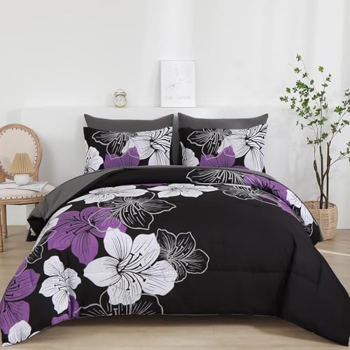 Luxudecor Floral Comforter Set Full Size, 7 Pieces Bed in a Bag Purple Floral Comforter and Sheet Set, Soft Microfiber Complete Bedding Sets for All Seasons