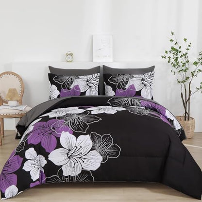 Luxudecor Floral Comforter Set Twin Size, 5 Pieces Bed in a Bag Purple Floral Comforter and Sheet Set, Soft Microfiber Complete Bedding Sets for All Seasons