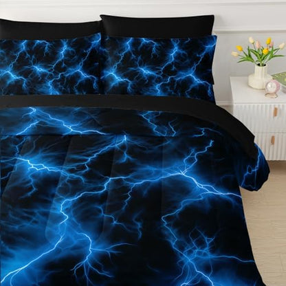 QOOMO Blue Lightning 7 Pieces Comforter Set Twin,Neon Bedding Set for Kids