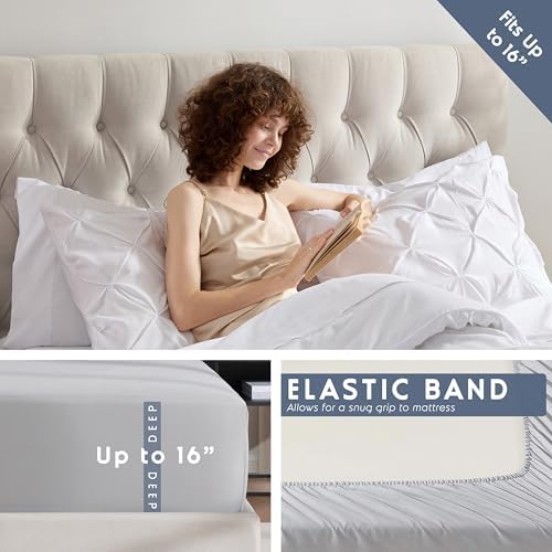 Nestl 9 Piece California King Comforter Set – White Pinch Pleated Bed in a Bag – Complete Cal King Size Bedding Set with Sheets, Set of 2 Cooling Pillows, Pillowcases and Shams