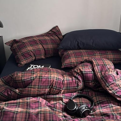 mixinni Vintage Buffalo Plaid Duvet Cover Set Twin XL Size – 3 Piece Washed Cotton Bedding for College Dorm, Soft & Breathable Burgundy Grid Comforter Cover with Retro Aesthetic for Teen Boys Girls