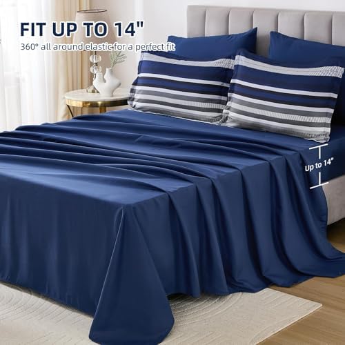 Dobuyly Navy Blue Comforter Set Twin Size Bed in a Bag 5 Piece, Classic Striped Bed Bedding Set with Sheets Soft Microfiber All Season for Teen Boys