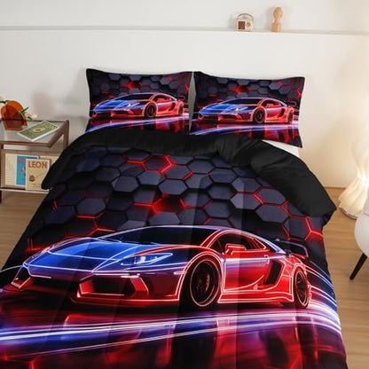 HOSIMA Honeycomb Geometric Race Car Full Comforter with 2 Pillowcases.