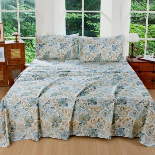 FADFAY Queen 100% Egyptian Cotton Blue Paisley Sheets Set 4 Piece, Vintage Botanical Cottagecore Floral Bedding, Luxury Soft Breathable Farmhouse Bedding with Deep Pocket Fitted Sheet for All Seasons