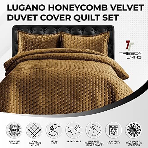 Tribeca Living Lugano Oversized Velvet Quilt Set - All Season, Extra Large, 2 Piece Twin Size Comforter Set with 1 Pillow Sham in Camel Honeycomb Pattern 260GSM