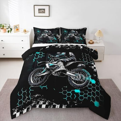 Castle Fairy Motocross Rider Bedding Set King Size,Honeycomb Geometric Abstract Teal Comforter Set for Adult Women Bedroom,Extreme Sport Games Ultra Soft Bedding Set with 2 Pillowcases,3Pcs