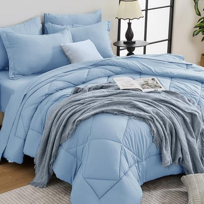 HEVUMYI 7-Piece King Comforter Set, Light Blue Bed in a Bag