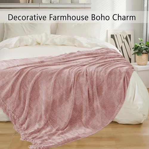 Chenille Throw Blanket for Couch 50" x 60", Dusty Pink