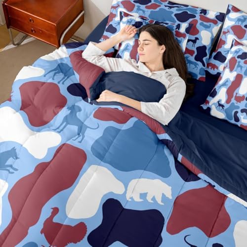 Erosebridal Camo 7 Piece Bedding Set Full Deer Hound Comforter Set with Sheets Wolf Bear Theme Camouflage Bed in a Bag Turkey Red Blue Woods Retro for Kids Boys Girls