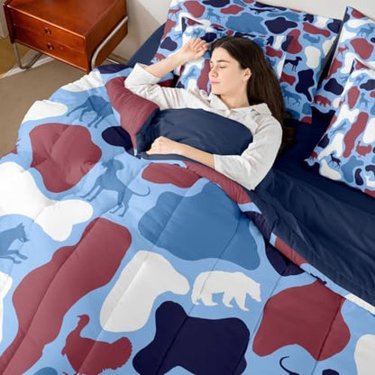 Erosebridal Camo 7 Piece Bedding Set Full Deer Hound Comforter Set with Sheets Wolf Bear Theme Camouflage Bed in a Bag Turkey Red Blue Woods Retro for Kids Boys Girls