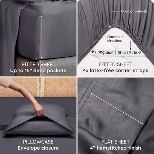 Bambaw 100% Viscose Derived from Bamboo Sheets Twin Size Set – 4-Piece Cooling Sheet Set Twin Size, Lightweight, Soft & Moisture Wicking, Deep Pocket Fits Up to 15" Mattresses, Smooth Feel (Charcoal)