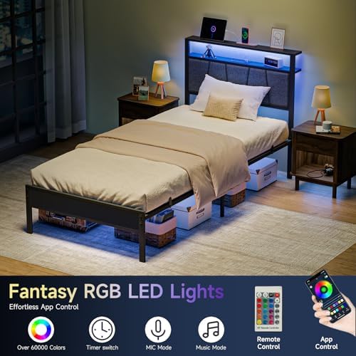 Z-hom 14 Inch Storage Headboard with Charging Station Twin Bed Frame