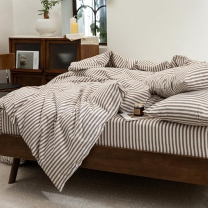 FOSSA Striped Duvet Cover Set 100% Washed Cotton Linen Feel Full