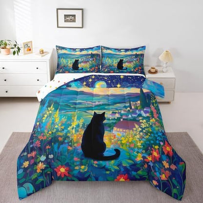 Black Cat Flower Comforter Set Queen Size,Star Moon Blossom Floral Bedding Set for Kids Girls Boys Adults Room Decor,Rustic Style Night Scenery Duvet Insert 3Pcs,Wild Animal Quilt Set,2 Pillowcases