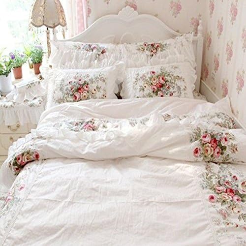 FADFAY Farmhouse Bedding Elegant and Shabby Vintage Rose Floral Duvet Cover Bedskirt Lovely White Lace and Ruffle Style Exquisite Craft 100% Cotton,King Size 4-Pieces