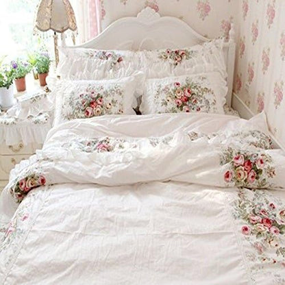FADFAY Farmhouse Bedding Elegant and Shabby Vintage Rose Floral Duvet Cover Bedskirt Lovely White Lace and Ruffle Style Exquisite Craft 100% Cotton,King Size 4-Pieces