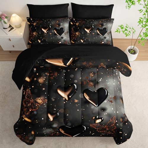 7 Piece Black Heart Comforter Set King，King Size Heart Bedding Set，Heart Themed Bedroom Decor，(1 Comforter, 1 Flat Sheet, 1 Fitted Sheet, 2 Pillowcase and 2 Pillow Sham)