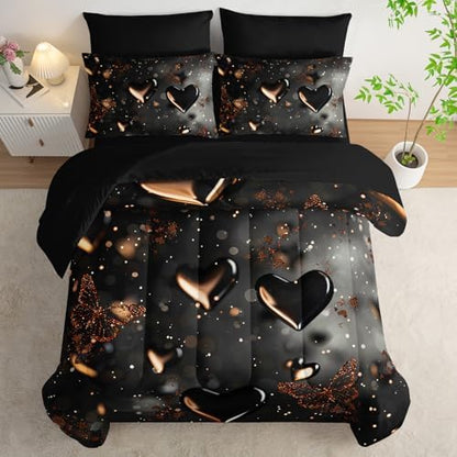 7 Piece Black Heart Comforter Set King，King Size Heart Bedding Set，Heart Themed Bedroom Decor，(1 Comforter, 1 Flat Sheet, 1 Fitted Sheet, 2 Pillowcase and 2 Pillow Sham)