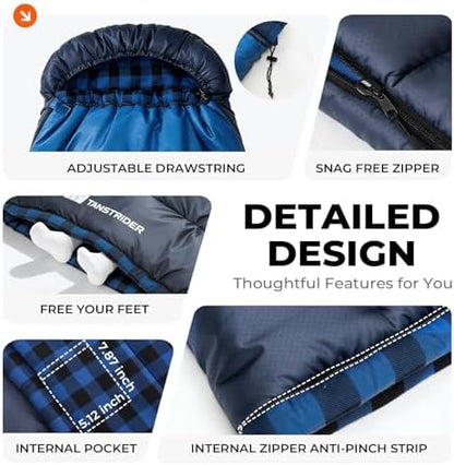 Cotton Flannel XXL Winter Sleeping Bags for Adults Big and Tall,Cold Weather 90x39 Inch Camping Sleep Bag,Waterproof Machine Washable 4 Season Outdoor Camping Gear,2-Way Zipper