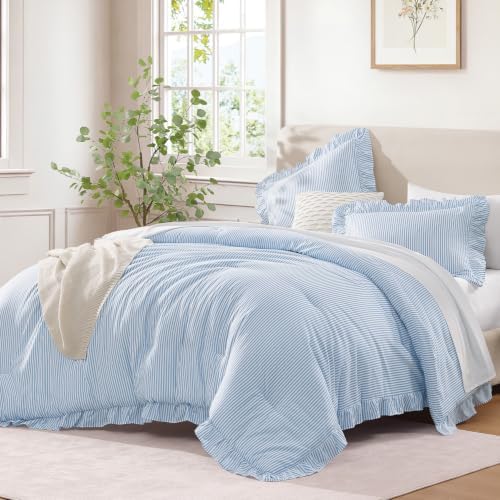 Andency Blue Striped Queen Ruffle Comforter Set, 3 Pieces