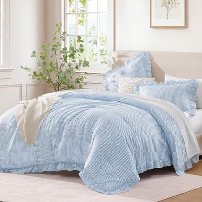 Andency Blue Striped Twin Ruffle Comforter Set, 3 Pieces