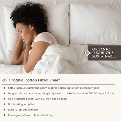 Bioweaves 100% Organic Cotton 1 Twin Fitted Sheet Only | 300 Thread Count Sateen Weave GOTS Certified with Deep Pocket - Cream