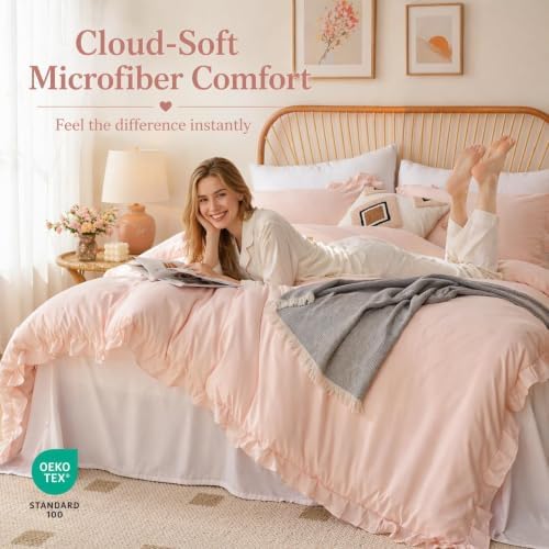 JANZAA Blush Pink Comforter Set Oversized King, Ruffle Soft Bedding