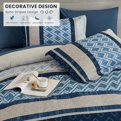 Cottolester King Comforter Set 7 Pieces Blue Boho Striped Bed in a Bag