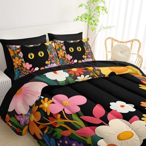 QOOMO Floral Cat 7 Pieces Comforter Set Twin Size,Floral Cat Bedding Set