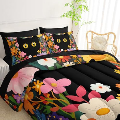 QOOMO Floral Cat 7 Pieces Comforter Set Full Size,Floral Cat Bedding Set