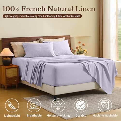 MEISHANG 100% French Linen Sheets Queen,6 Pcs,18-24" Extra Deep Pocket