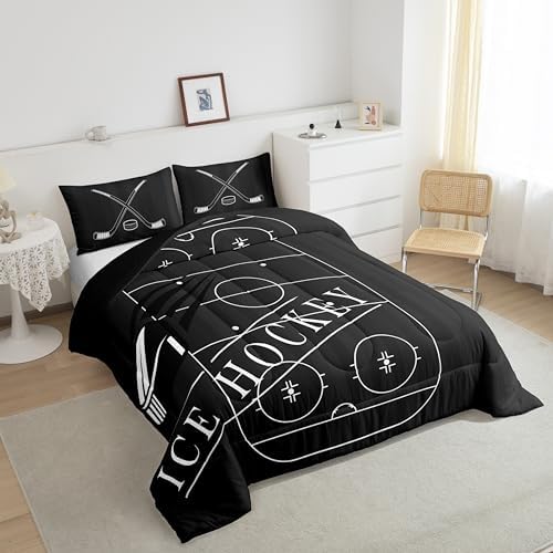 Ice Hockey Comforter Set King for Boys Kids Sports Bedding Set, Ice Hockey Rink Bedding Comforter Sets Black Duvet Sets Ball Game Gaming Gamer Quilted Comforter (1 Comforter + 2 Pillowcase)