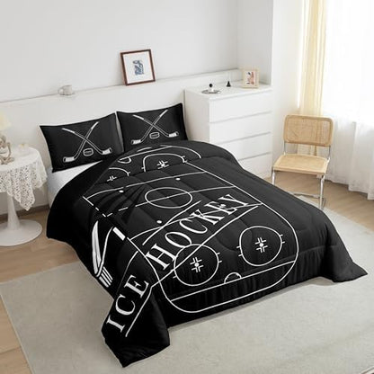 Ice Hockey Comforter Set King for Boys Kids Sports Bedding Set, Ice Hockey Rink Bedding Comforter Sets Black Duvet Sets Ball Game Gaming Gamer Quilted Comforter (1 Comforter + 2 Pillowcase)