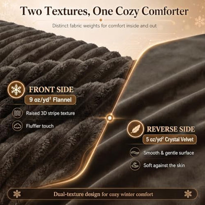 CozyLux Fleece Queen Comforter Set, 3 Piece Winter Warm Brown Bedding