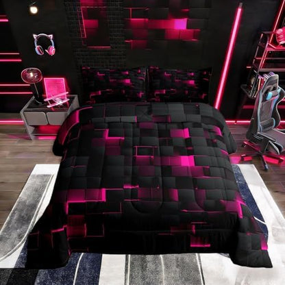 Erosebridal Black Hot Pink Comforter Set Full Neon Geometric Checkered Bedding Set for Girls Teen Women Abstract Stereoscopic Grids Quilt Square Plaid Bed Set 3 Pcs Gamer Room Decor