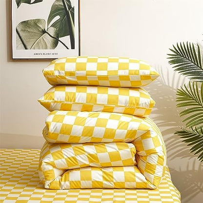 Houseri Plaid Comforter Set King 3 PCS White and Light Yellow Buffalo Checkered Bedding King Size Soft Comfy Women Men Luxury Bright Yellow Grid Checkerboard Gingham Bed Quilt Blanket