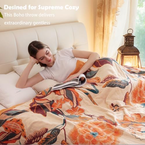 VANJOROY Boho Throw Blanket, 100% Cotton Breathable Soft Bed Throw - Floral Bird Farmhouse Decor Blanket for Sofa Couch Chair Quilt and Gift. 80" x 90"- Beige