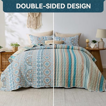 Qucover Boho Quilts Queen Size Bedding Set, Teal Blue