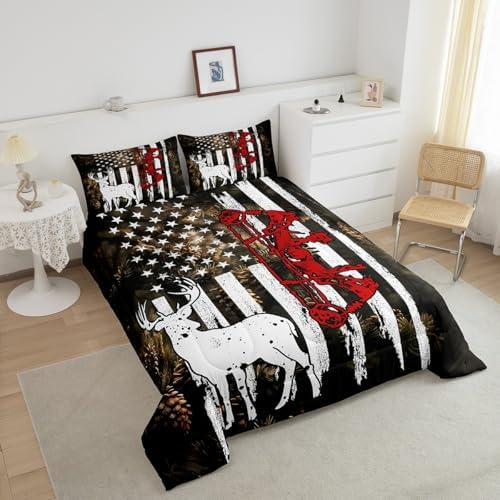 Manfei Deer Comforter Set Full Size, Wildlife Elk Hunting Theme Bedding Set 3pcs for Kids Boys Teens Bedroom Decor, American Flag Deer Quilt Set Wild Animal Duvet Set with 2 Pillowcases