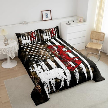Manfei Deer Comforter Set Full Size, Wildlife Elk Hunting Theme Bedding Set 3pcs for Kids Boys Teens Bedroom Decor, American Flag Deer Quilt Set Wild Animal Duvet Set with 2 Pillowcases