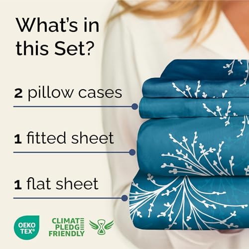Queen 4 Piece Floral Sheet Set - Soft, Breathable & Cooling - Sea Spray