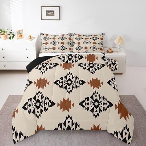 jejeloiu Boho Aztec Comforter Set King Size Kids Western Ethnic Tribal Bedding Set for Boys Girls Teens Wild West Duvet Breathable Exotic Geometric Quilt Bedroom Decor,1 Comforter with 2 Pillowcase