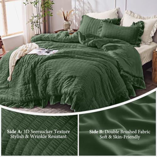 JOLLYVOGUE Olive Green King Comforter Set,3pcs Seersucker Comforters King