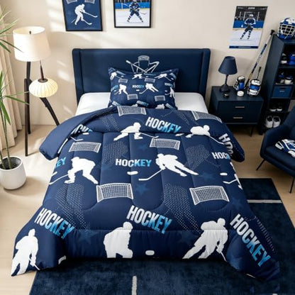 Castle Fairy Hockey Comforter Set Twin Size,White Silhouette Goal Bed in a Bag 2Pcs for Kids Girls Boys Teens Room Decor,Navy Blue Quilted Duvet Sports Theme Down Comforter,1 Pillowcase