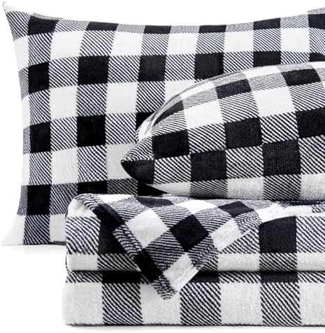 BEDELITE Plaid Flannel Sheet Set, Full Size, Black and White, 4 Pieces